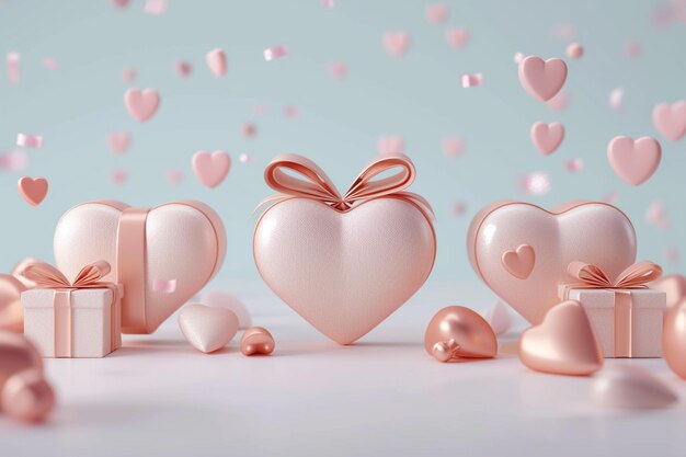 Illustration de la Saint-Valentin en couleurs douces avec des cœurs et des cadeaux rendu 3D