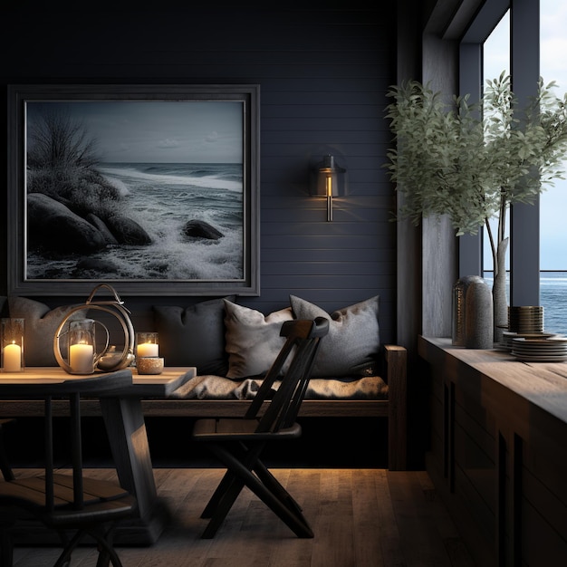 illustration d'un salon en bois noir dans le style d'une image uhd