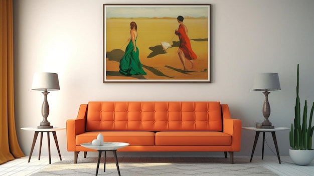 Photo illustration de salon moderne avec canapé et tirages d'art vintage ai generative
