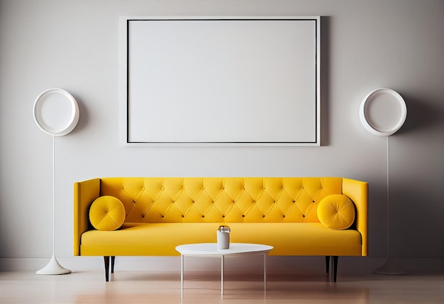 Illustration d'un salon moderne jaune et blanc élégant avec un canapé confortable et un cadre vide sur le mur