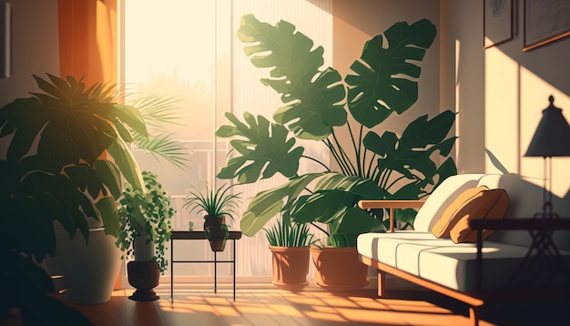 Une illustration d'un salon avec des plantes Generative AI