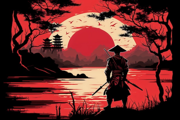 Illustration de samouraï japonais regarder le coucher du soleil avec la montagne et un fond de lac art artistique rouge blanc et noir bon pour la couverture de tasse de toile d'affiche de T-shirt et autre