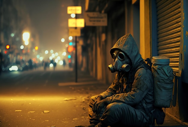 une illustration de sans-abri avec un masque à gaz sur l'image de rue par AI