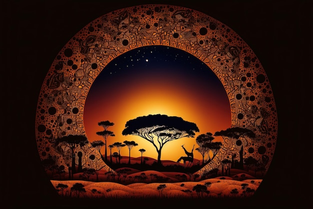 Illustration de la savane africaine en cercle avec de beaux motifs, Mois de l'histoire des Noirs. Génératif