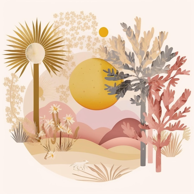 Illustration d'une scène désertique avec un soleil et des palmiers génératifs ai
