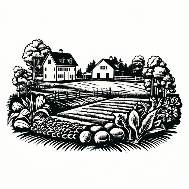 illustration d'une scène de ferme avec une ferme et une maison ai générative