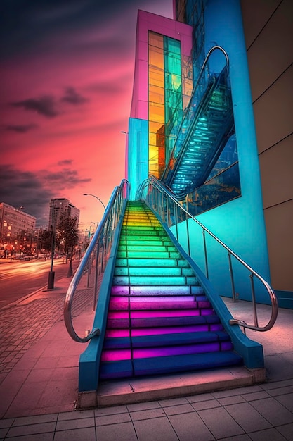 Photo illustration scène nocturne de la ville moderne escalier coloré ai génératif