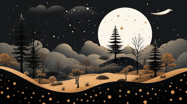 une illustration d'une scène de nuit avec des arbres et de la lune