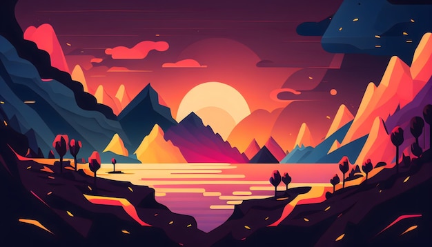 Illustration de scène de paysage 2D, fond de nature colorée