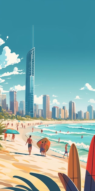 Illustration de scène de plage de Surfers Paradise