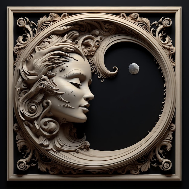 Photo illustration de la sculpture sur bois visage croissant de lune dans une vieille sculpture antique
