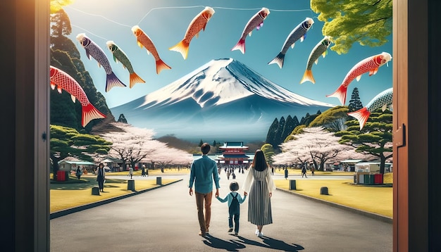 Photo illustration de la semaine d'or avec une famille marchant vers un parc avec une vue sur le mont fuji