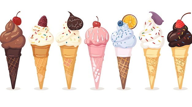 Illustration de sept cônes de crème glacée avec des saveurs et des garnitures différentes