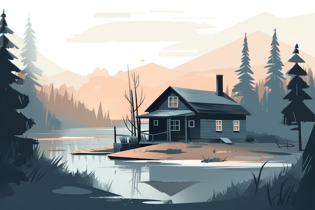 Illustration sereine et minimaliste d'un chalet de montagne rustique niché dans une vallée tranquille