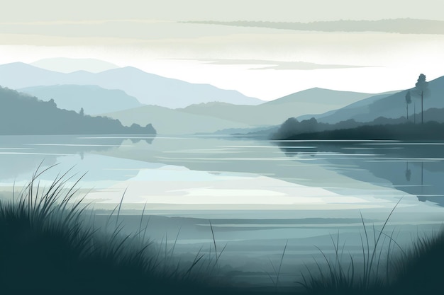Illustration sereine et minimaliste d'une montagne dans un paysage lacustre avec des tons doux et frais