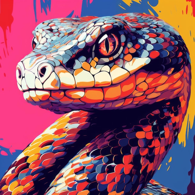 Illustration de serpent pop-art colorée avec des détails hyperréalistes