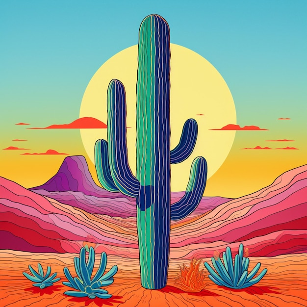 illustration d'un seul cactus dans le désert couleurs pastel vives lignes lourdes