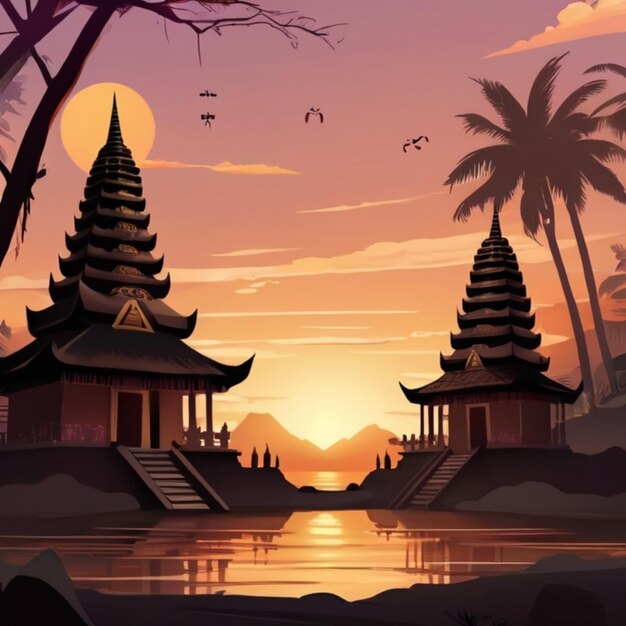 Illustration de la silhouette du temple du jour de Serene Nyepi au coucher du soleil