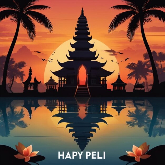 Photo illustration de la silhouette du temple du jour de serene nyepi au coucher du soleil