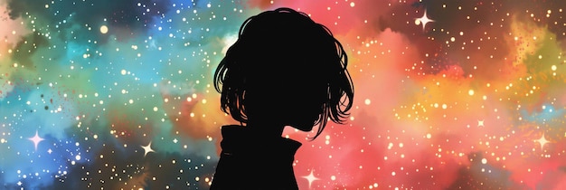 Illustration silhouette garçon fille paysage de rêve cosmique lumières rose ciel bleu