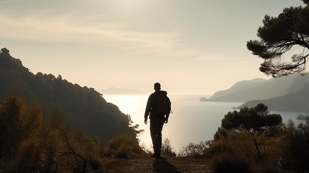 illustration silhouette d'un homme marchant avec un sac à dos génératif ai