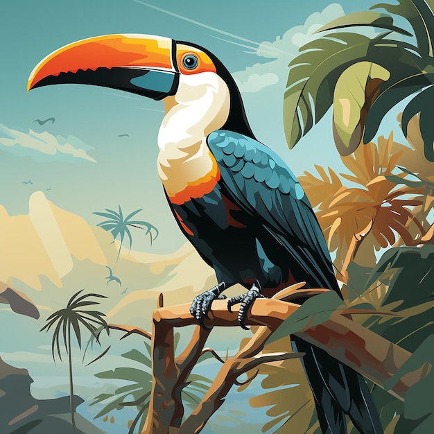 Illustration simple du Toucan perché sur une branche dans un style plat