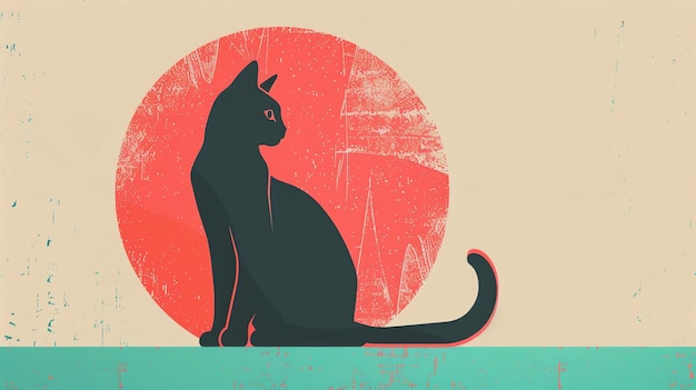 Une illustration simple et élégante d'un chat assis devant un cercle rouge. Le chat est noir et le cercle est rouge.