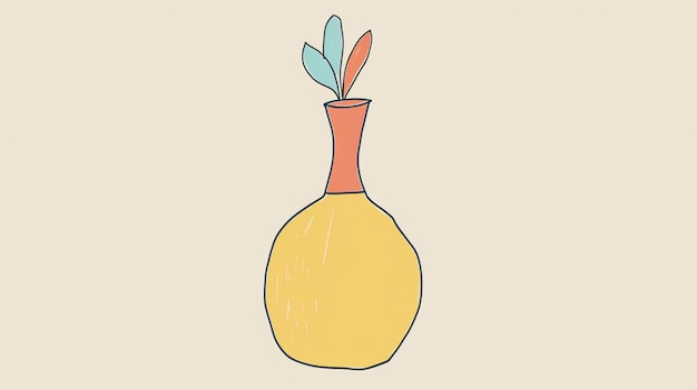 Photo une illustration simple d'un vase avec trois feuilles le vase est jaune les feuilles sont vertes et bleues le vase se trouve au centre de l'image