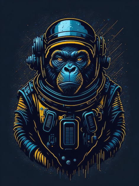 Illustration d'un singe dans une combinaison spatiale et un casque prêt pour une aventure au-delà de la Terre