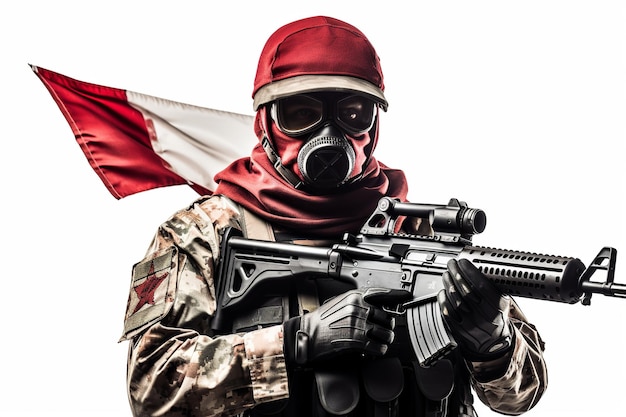 Photo illustration d'un soldat tenant une mitrailleuse avec un drapeau national