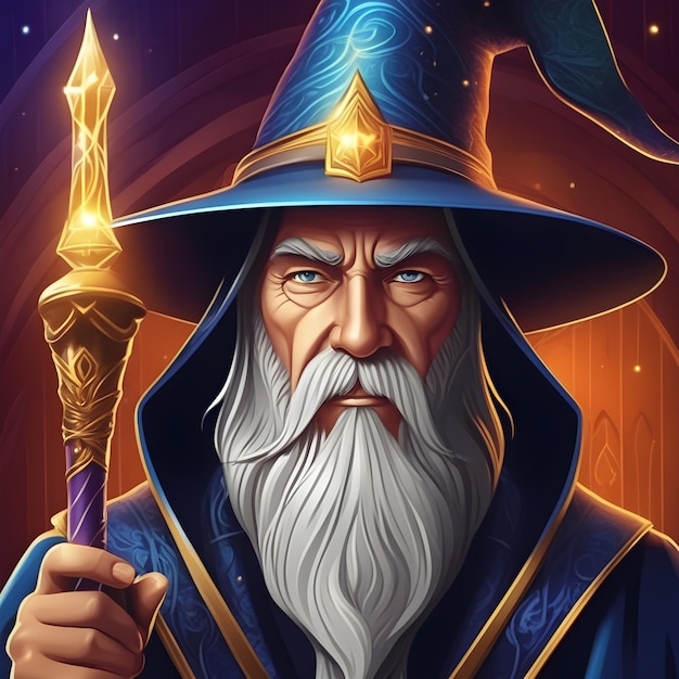 Illustration d'un sorcier avec une baguette magique sur fond sombre