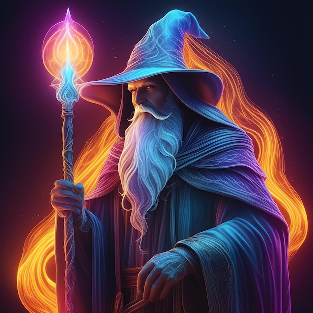 Illustration d'une sorcière avec une baguette magique sur fond sombre