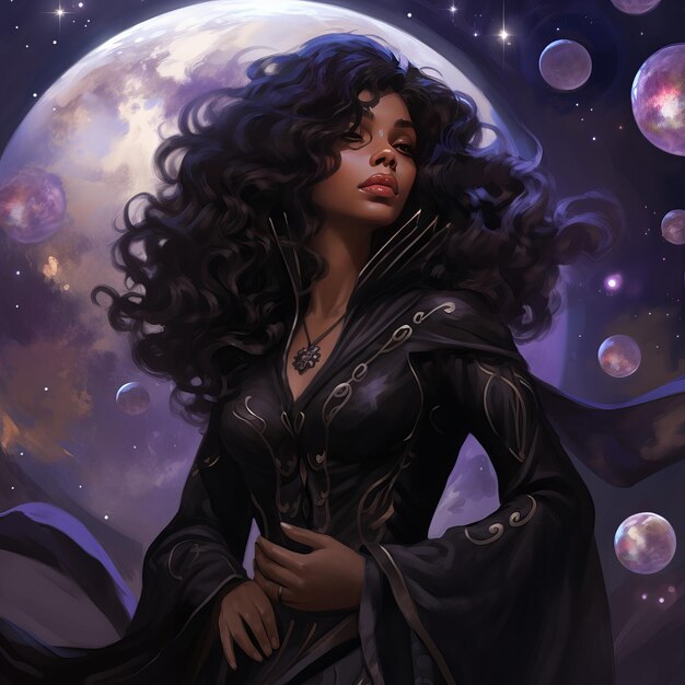 illustration d'une sorcière noire dans une robe pourpre noire bouclée et longue