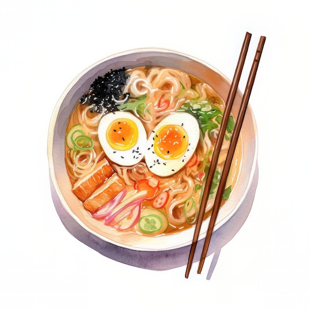 Illustration d'une soupe de miso japonaise avec des œufs sur fond blanc
