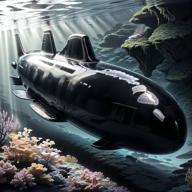 illustration d'un sous-marin en latex noir sous l'eau