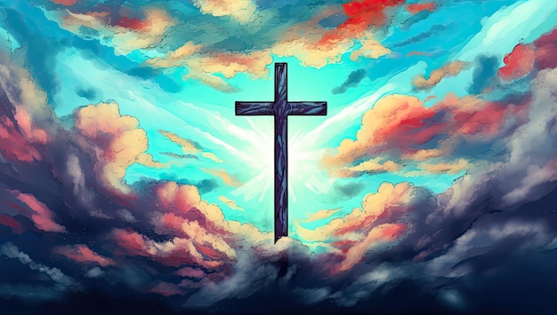 Illustration spirituelle d'une croix dessinée à l'aquarelle dans le ciel représentant la religion chrétienne et catholique Generative AI