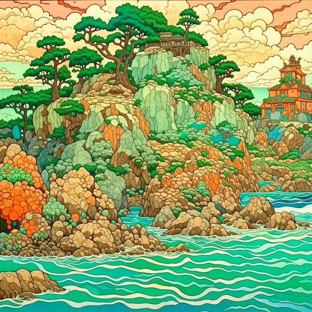 Illustration de Sprite Island Rocks au bord de la mer, de beaux paysages avec des rochers, des arbres et des nuages massifs