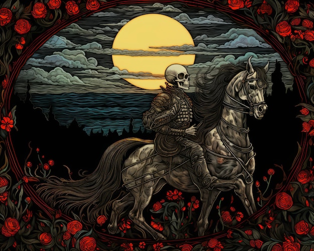 une illustration d'un squelette montant un cheval devant des roses rouges