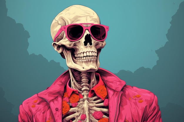 une illustration d'un squelette portant des lunettes de soleil et une veste rose