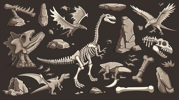 Photo une illustration de squelettes et de fossiles de dinosaures pour les intérieurs du jurassique ancien pendant l'ère préhistorique, des ptérodactyles éteints ont été vus dans des contextes préhistoriques.