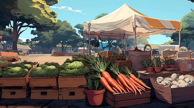 Illustration d'un stand de marché rempli de carottes fraîches et d'autres légumes