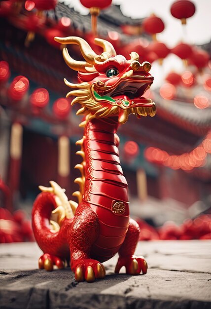 Illustration d'une statue de dragon avec une lanterne rouge au milieu du défilé du Nouvel An chinois