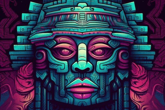 Illustration Statue Visage Aztèque Coloré Héritage Ethnique Historique Traditionnel Amérique Centrale