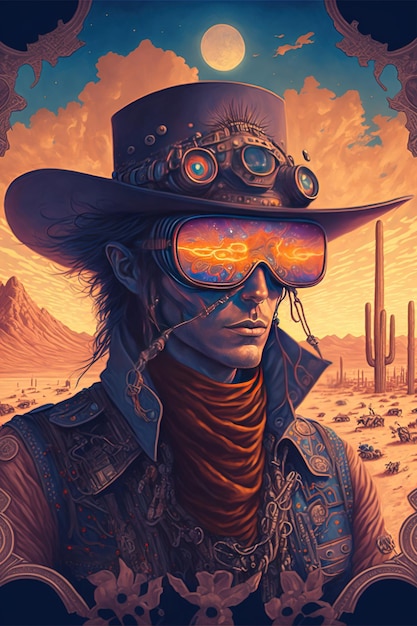 une illustration steampunk d'un cow-boy fou