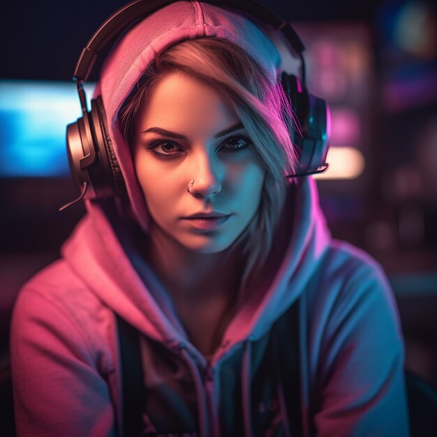 Illustration d'un streamer confiant avec des vibrations de jeu aux cheveux roses et des écouteurs élégants