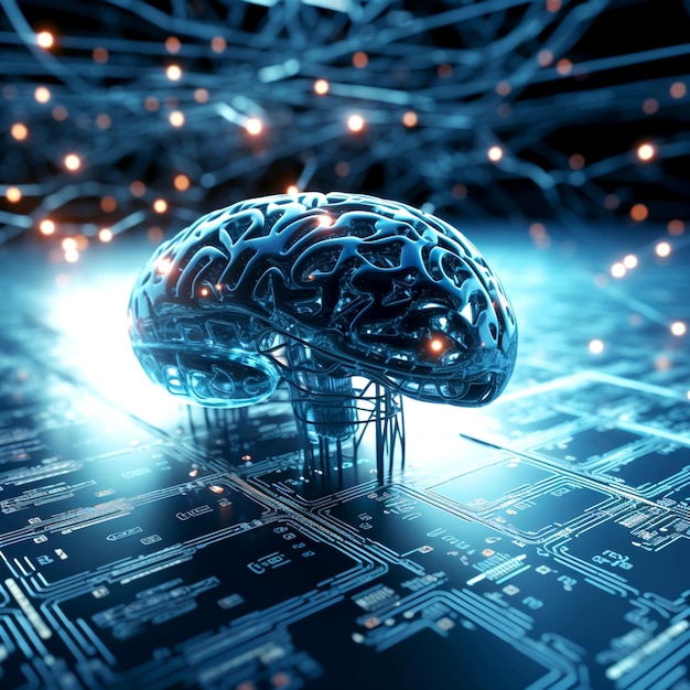 Illustration structurelle numérique du cerveau humain abstrait sur fond de carte de circuit imprimé numérique brillant