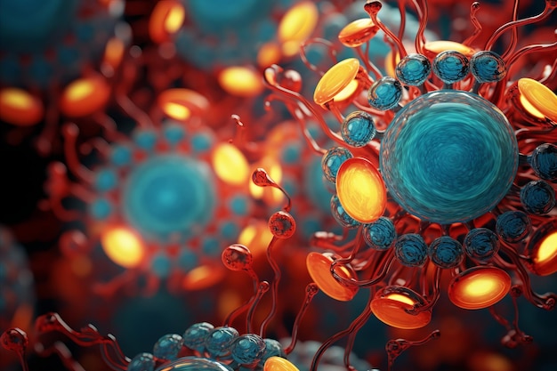 Illustration de structures cellulaires en résonance avec une vue microscopique d'énergie vibrante des cellules
