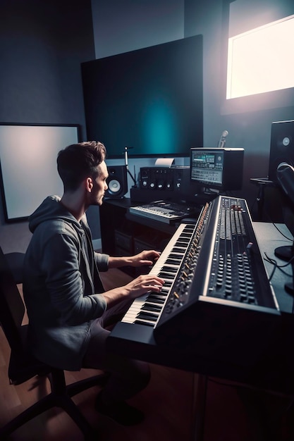 Illustration de studio de musique électronique IA générative avec un musicien concentré jouant du piano