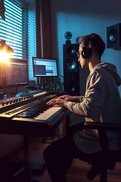 Illustration de studio de musique électronique IA générative avec un musicien concentré jouant du piano