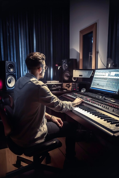 Illustration de studio de musique électronique IA générative avec un musicien concentré jouant du piano